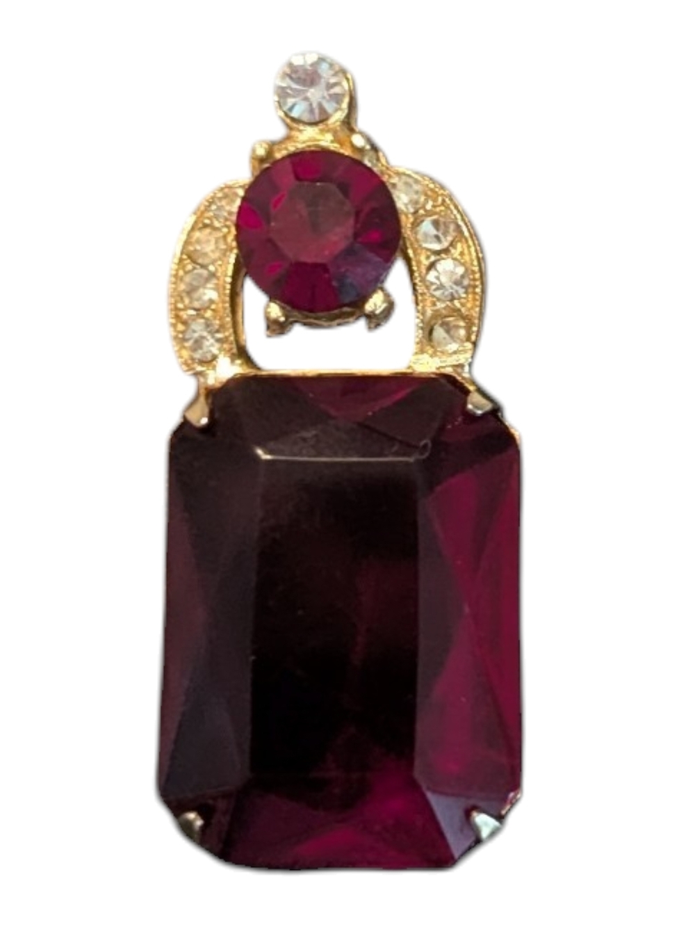 VTG 70s Ruby Red Emerald Cut & Round W 9 Rhinestones Gold Tone Pendant Necklace